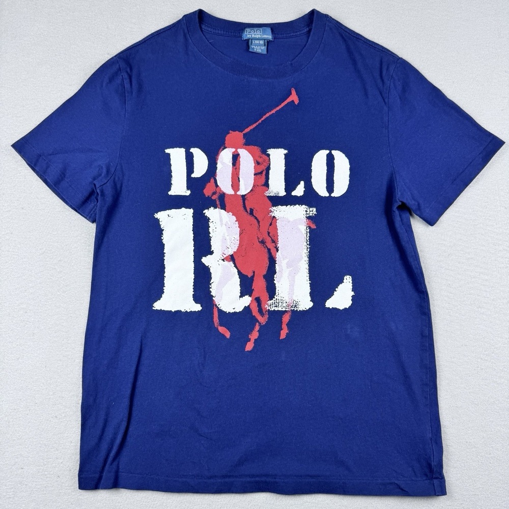 Vintage Polo Ralph Lauren Kids T-Shirt Size L (14-16) Pony Print SS Navy Graphic